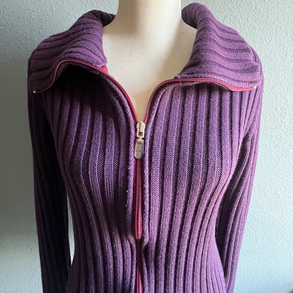 Purple Ribbed Zip Up Cardigan - Picture 3 of 11